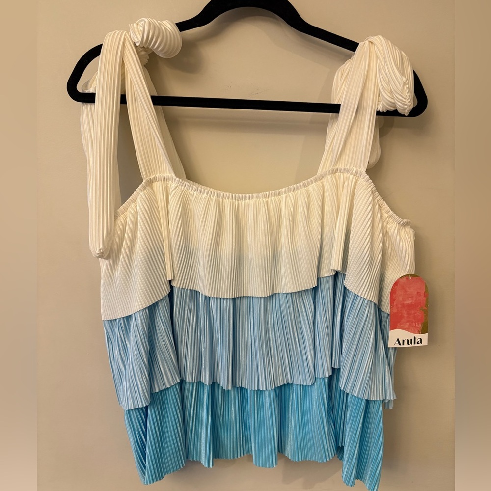 ARULA White and Blue Pleated Tank Top